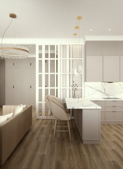 Интерьер совмещенной кухни-гостиной с прихожей